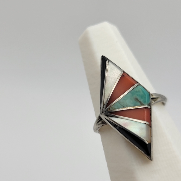 Native American Style Zuni? Beautiful Geometric Inlay Sterling Silver Ring - Picture 2 of 13